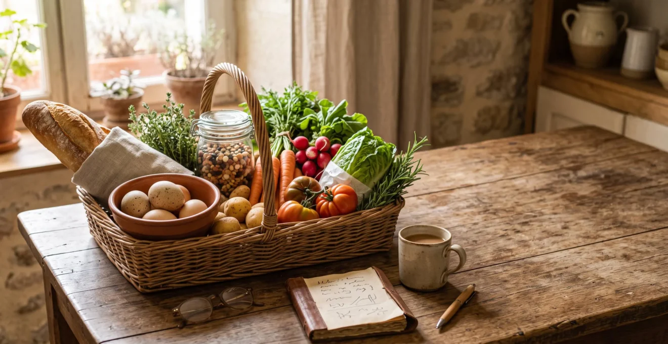 Panier de courses garni de produits frais et locaux posé sur une table en bois, symbolisant des économies alimentaires sans compromis sur la qualité
