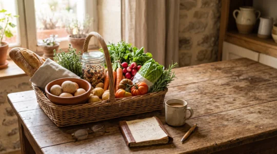 Panier de courses garni de produits frais et locaux posé sur une table en bois, symbolisant des économies alimentaires sans compromis sur la qualité