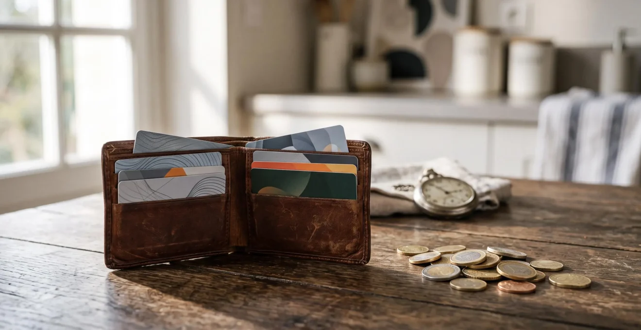 Portefeuille ouvert laissant apparaître plusieurs cartes de fidélité floutées à côté d'une horloge et de pièces de monnaie, symbolisant le dilemme entre économies et perte de temps