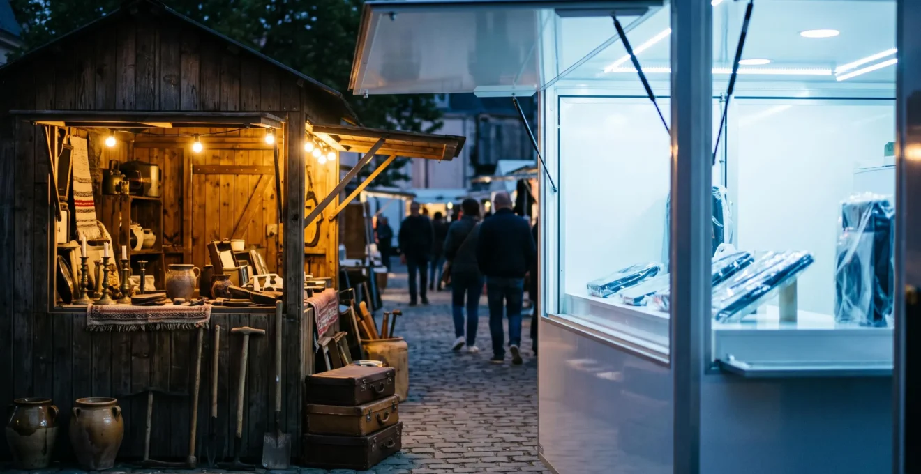 Une echoppe artisanale en bois discrete a cote d'un kiosque commercial lumineux sur un marche francais, symbolisant les offres cachees face aux resultats les mieux references