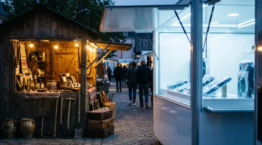 Une echoppe artisanale en bois discrete a cote d'un kiosque commercial lumineux sur un marche francais, symbolisant les offres cachees face aux resultats les mieux references