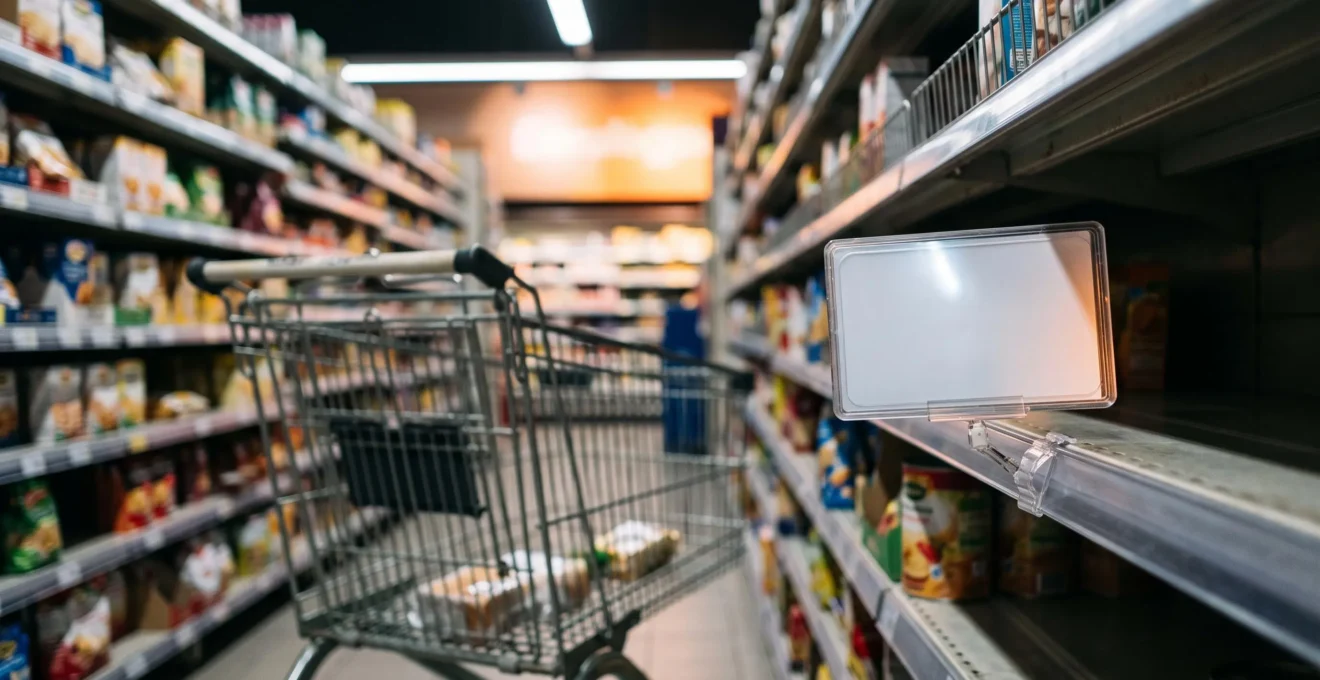 Étiquette de prix froissée sur un rayon de supermarché français symbolisant le doute entre vraie promotion et fausse remise