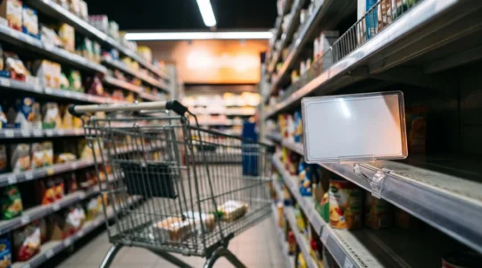 Étiquette de prix froissée sur un rayon de supermarché français symbolisant le doute entre vraie promotion et fausse remise