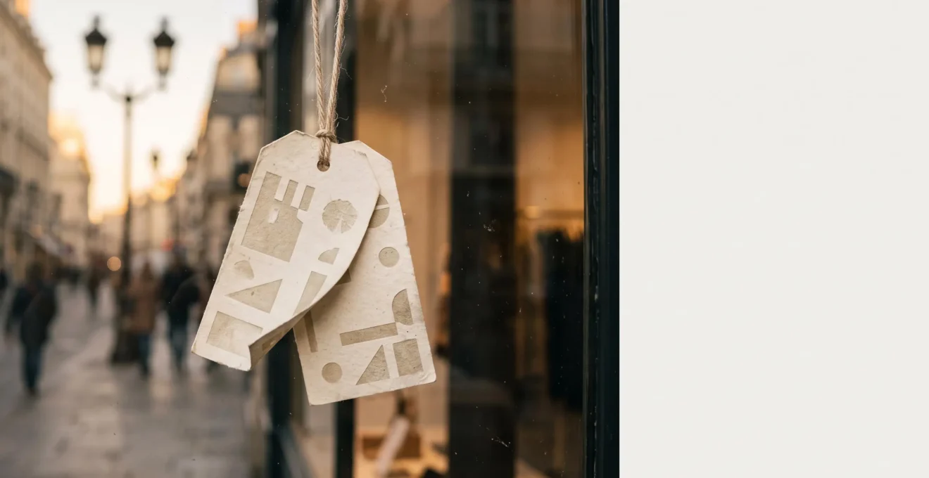 Vitrine de commerce français avec étiquettes de prix symbolisant le cadre légal des rabais et soldes