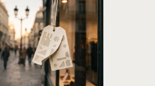 Vitrine de commerce français avec étiquettes de prix symbolisant le cadre légal des rabais et soldes