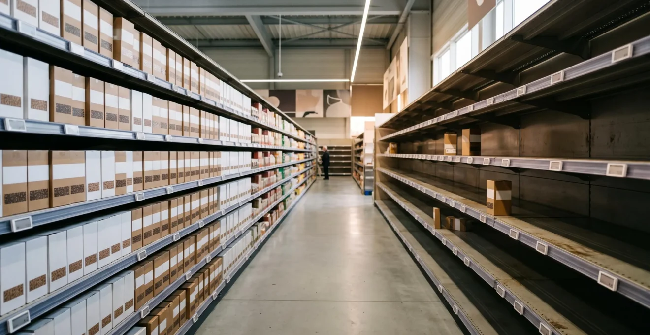 Rayon de magasin français partagé entre un linéaire plein et un linéaire presque vide, symbolisant le lien entre niveau de stock et opportunités d'économies