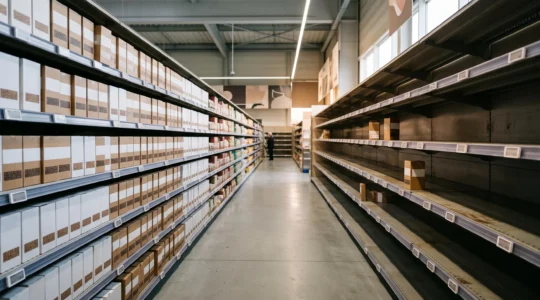 Rayon de magasin français partagé entre un linéaire plein et un linéaire presque vide, symbolisant le lien entre niveau de stock et opportunités d'économies