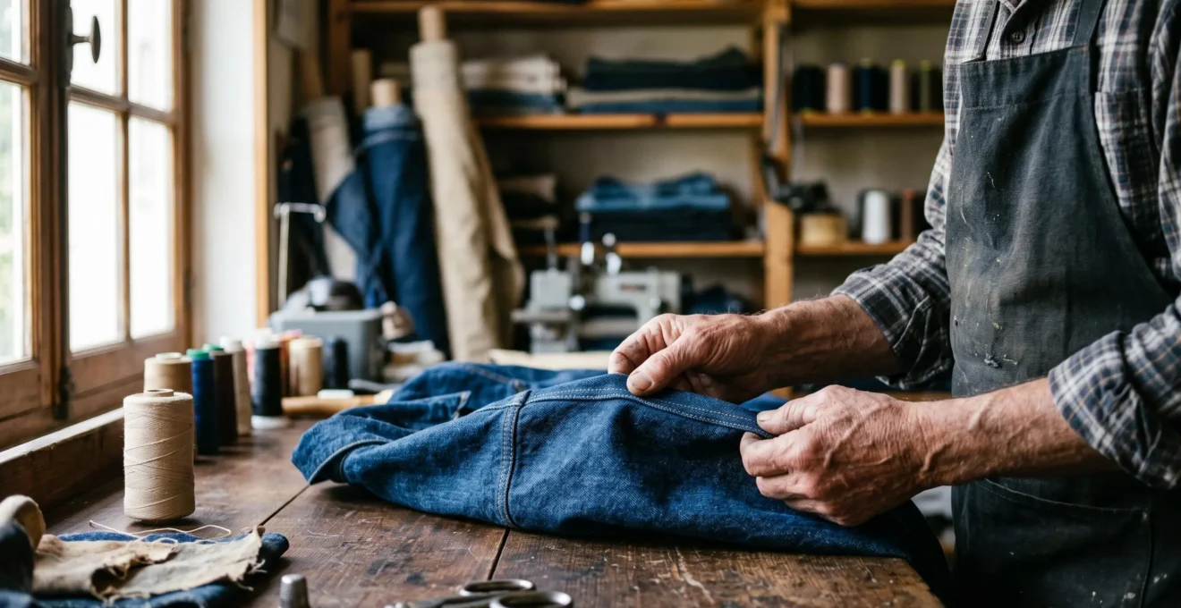 Gros plan sur les mains d'un artisan examinant la couture d'un vêtement de qualité dans un atelier français