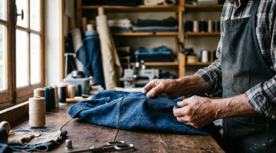 Gros plan sur les mains d'un artisan examinant la couture d'un vêtement de qualité dans un atelier français