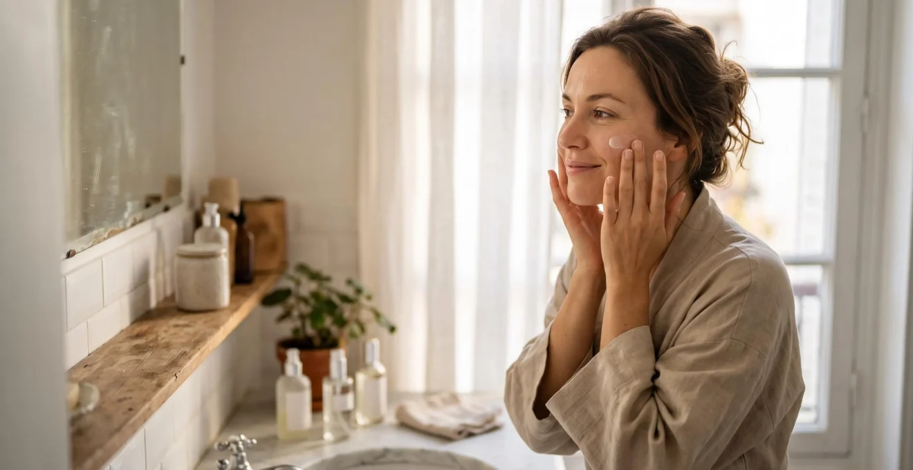 Jeune femme francaise appliquant un soin du visage minimaliste dans une salle de bain lumineuse, symbole d'une routine beaute rapide et efficace