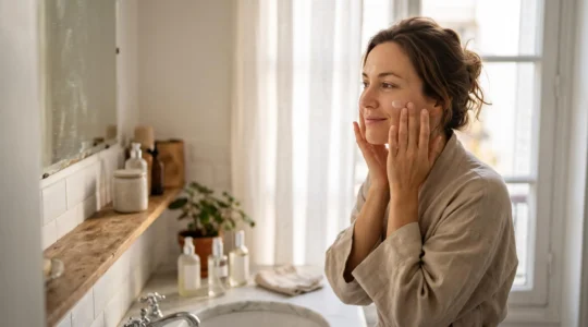 Jeune femme francaise appliquant un soin du visage minimaliste dans une salle de bain lumineuse, symbole d'une routine beaute rapide et efficace