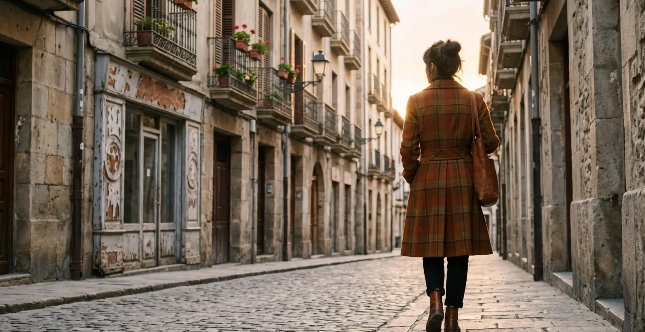 Silhouette élégante en tenue vintage unique marchant dans une rue parisienne typique, symbolisant la quête de vêtements rares en ville