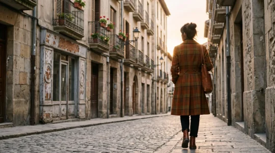 Silhouette élégante en tenue vintage unique marchant dans une rue parisienne typique, symbolisant la quête de vêtements rares en ville