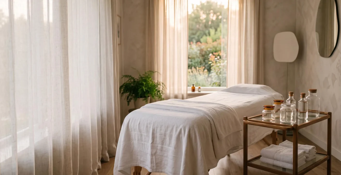 Salle de soin esthétique lumineuse et épurée évoquant des soins beauté professionnels accessibles en France