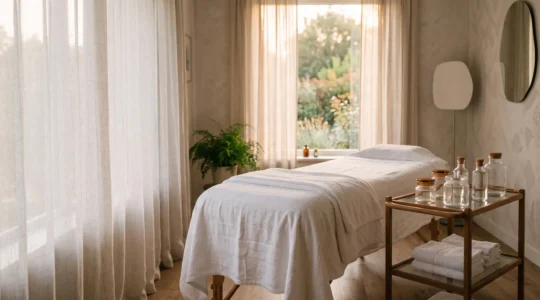 Salle de soin esthétique lumineuse et épurée évoquant des soins beauté professionnels accessibles en France