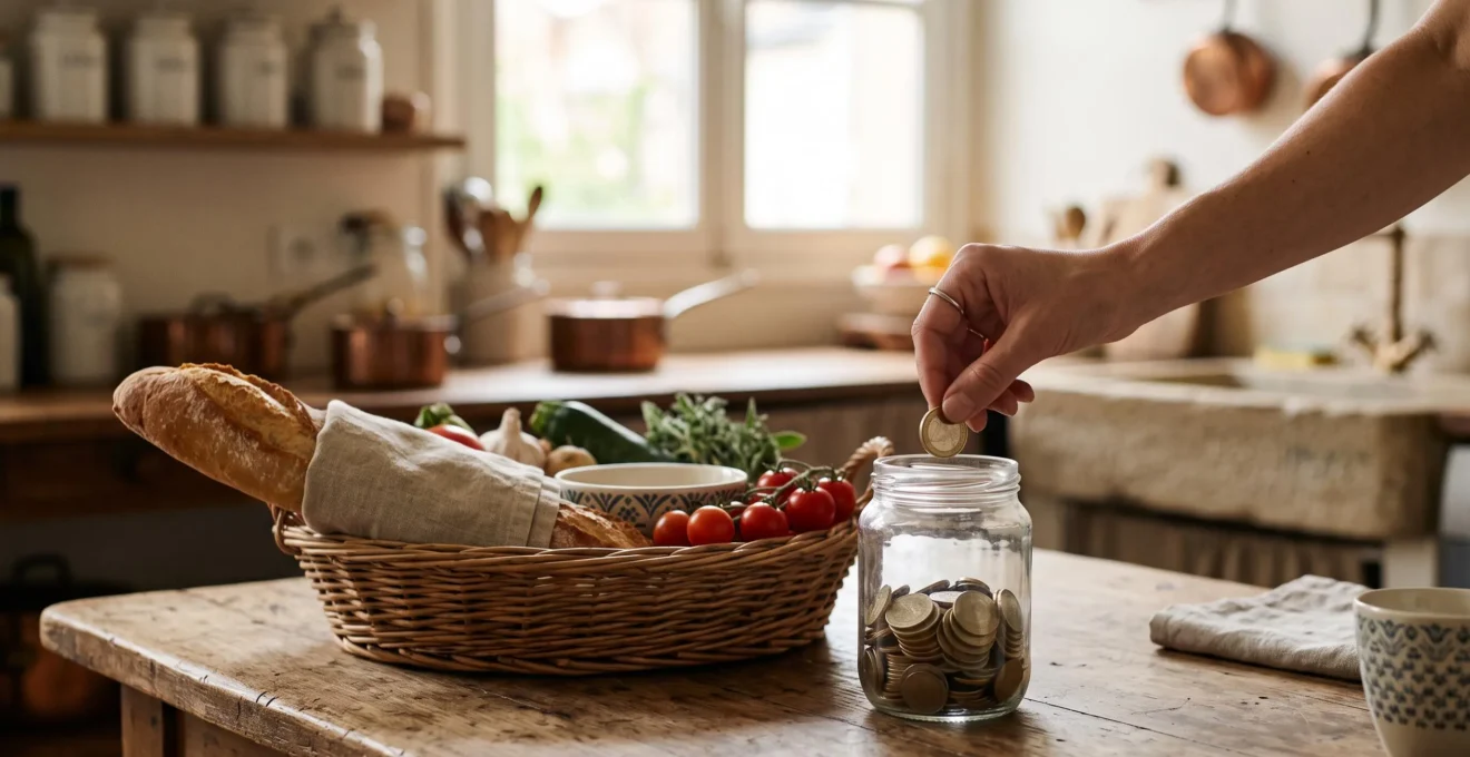 Une main dépose une pièce dans un bocal en verre posé sur une table en bois dans une cuisine lumineuse française, symbole d'épargne progressive sans privation