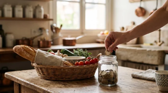 Une main dépose une pièce dans un bocal en verre posé sur une table en bois dans une cuisine lumineuse française, symbole d'épargne progressive sans privation