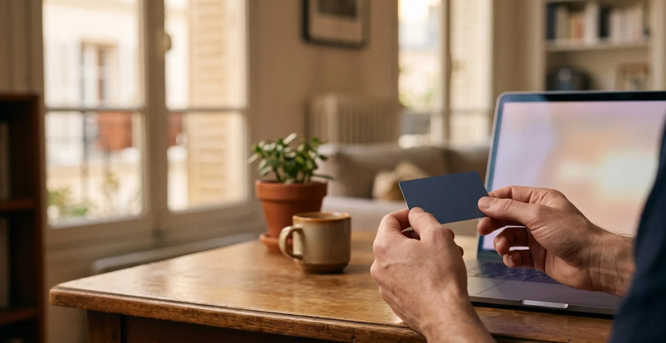 Une personne marque une pause, carte bancaire à la main, face à un ordinateur portable dans un intérieur français lumineux, symbolisant la vigilance avant un achat en ligne
