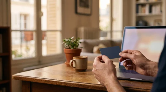 Une personne marque une pause, carte bancaire à la main, face à un ordinateur portable dans un intérieur français lumineux, symbolisant la vigilance avant un achat en ligne