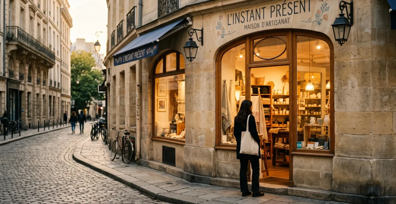 Devanture d'une boutique française à l'heure dorée illustrant les avantages cachés de l'achat en magasin