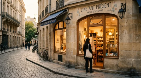 Devanture d'une boutique française à l'heure dorée illustrant les avantages cachés de l'achat en magasin