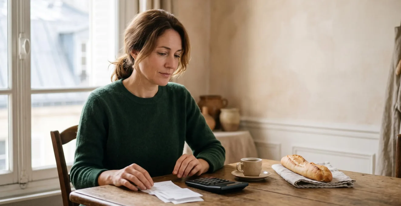 Une femme française assise à la table de sa cuisine, calculatrice et facturettes à la main, dans une lumière douce et digne, symbole de la gestion du budget familial face à l'inflation