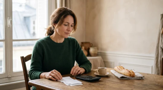 Une femme française assise à la table de sa cuisine, calculatrice et facturettes à la main, dans une lumière douce et digne, symbole de la gestion du budget familial face à l'inflation