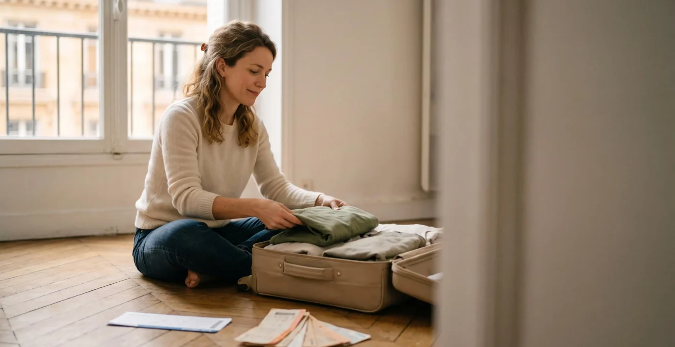 Voyageuse française préparant sereinement une valise compacte pour un séjour économique et confortable