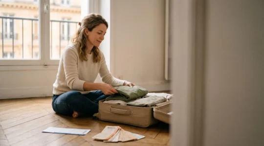 Voyageuse française préparant sereinement une valise compacte pour un séjour économique et confortable