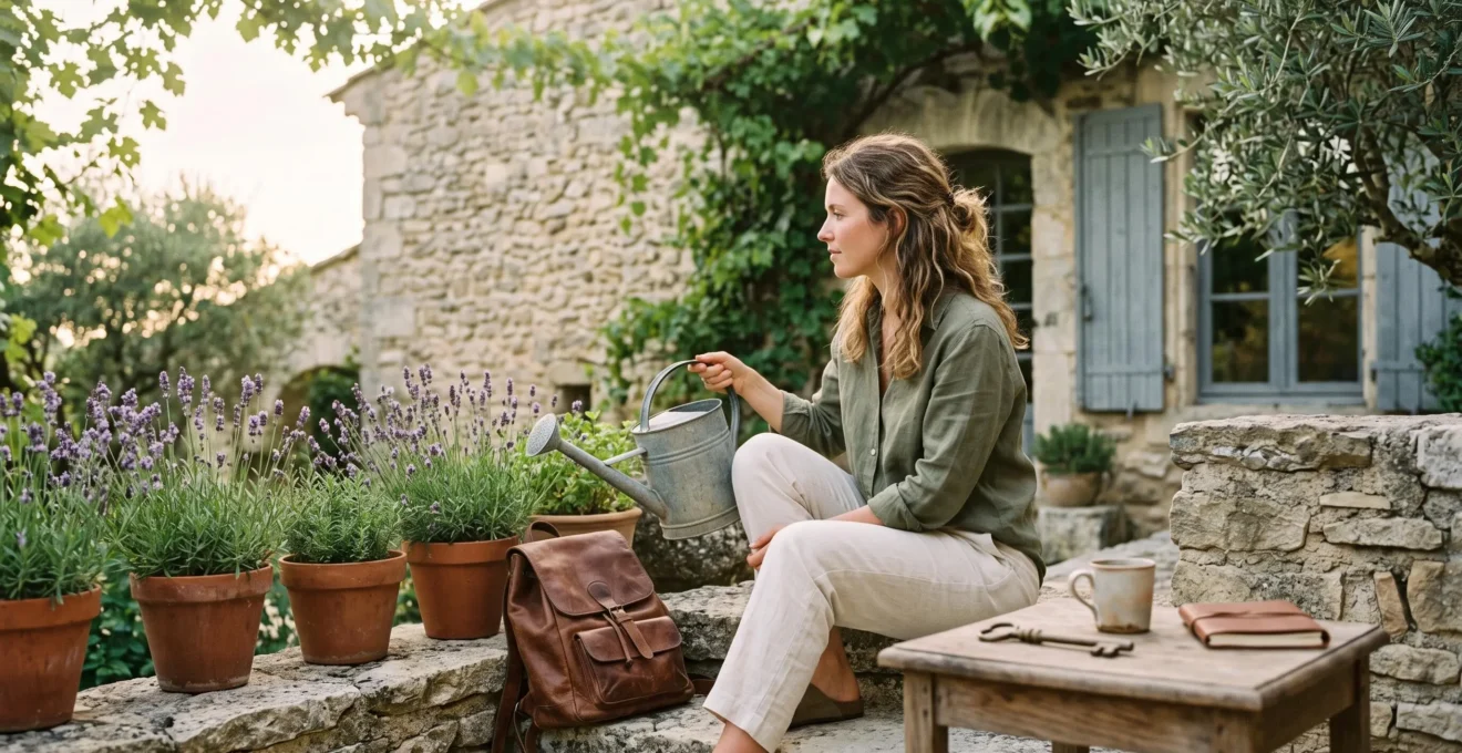 Voyageur détendu dans le jardin d'une maison de campagne française qu'il garde bénévolement, symbole du voyage gratuit et logé