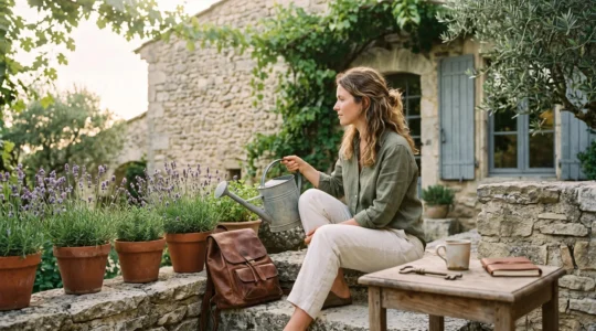 Voyageur détendu dans le jardin d'une maison de campagne française qu'il garde bénévolement, symbole du voyage gratuit et logé