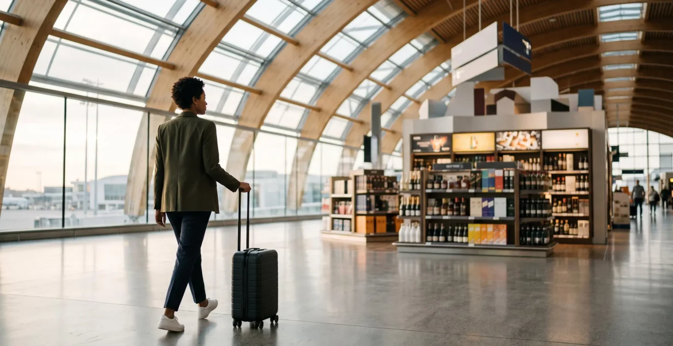 Voyageur avec une valise cabine traversant un hall d'aéroport lumineux, symbolisant les économies réalisées grâce aux achats à l'étranger
