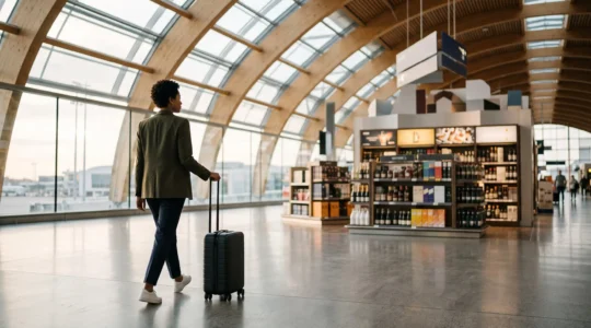 Voyageur avec une valise cabine traversant un hall d'aéroport lumineux, symbolisant les économies réalisées grâce aux achats à l'étranger