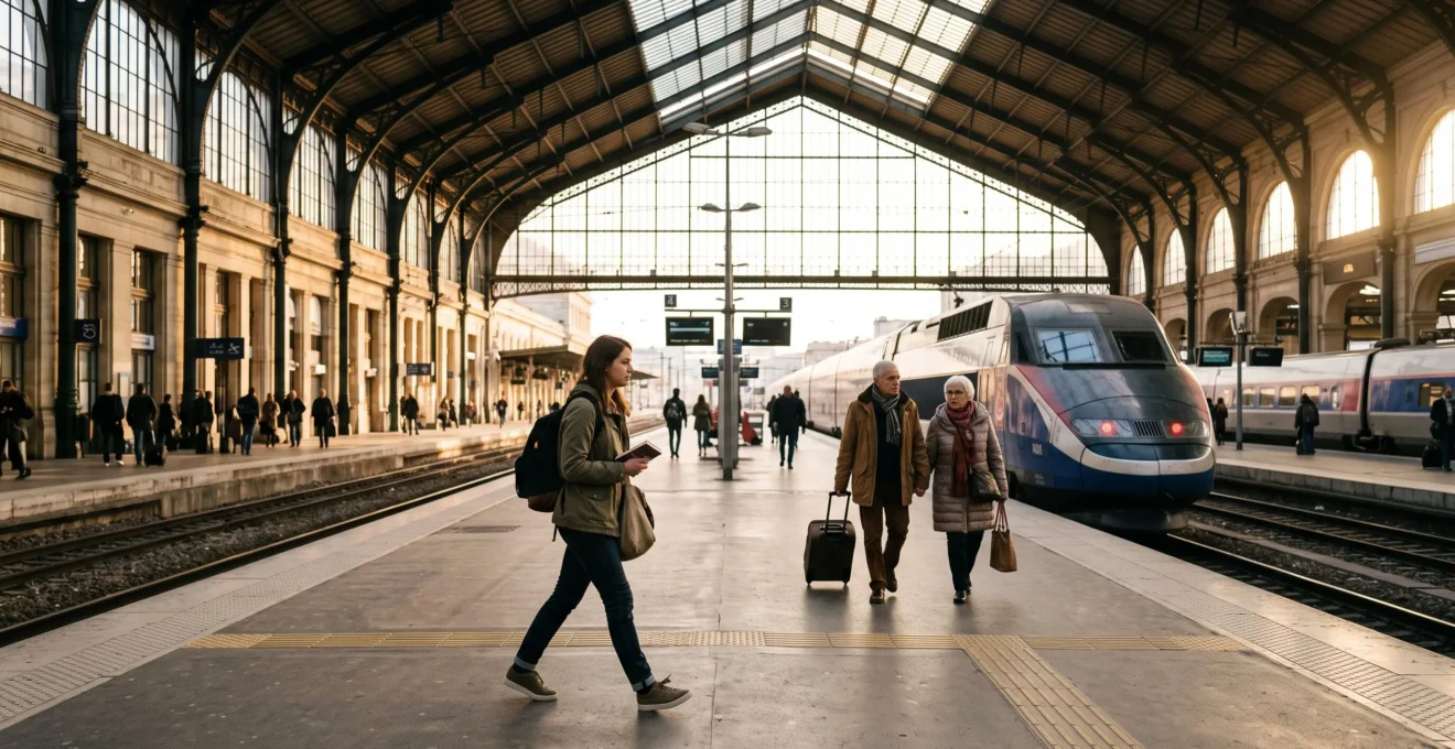 Jeune voyageuse et couple senior sur le quai d'une gare française tenant des billets de train, illustrant les réductions transport et hébergement