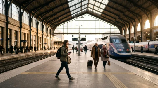 Jeune voyageuse et couple senior sur le quai d'une gare française tenant des billets de train, illustrant les réductions transport et hébergement